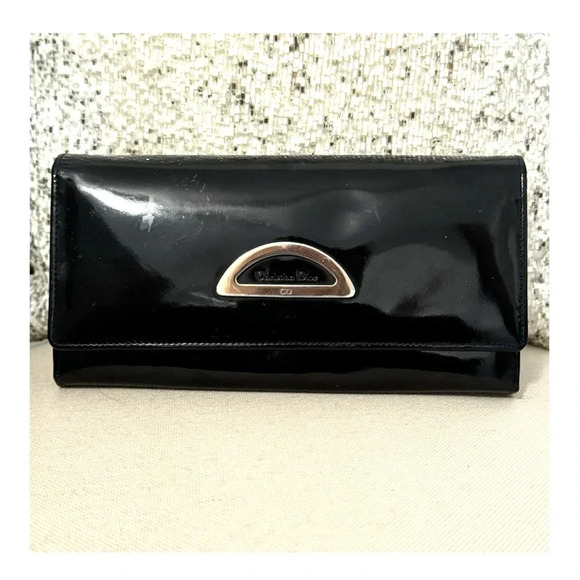 Vintage CHRISTIAN DIOR Evening Black Patent Leather Long Wallet Silver Logo - Picture 1 of 15